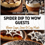 Halloween spider shaped cheesecake dip decorated with chocolate web for spooky dessert ideas.